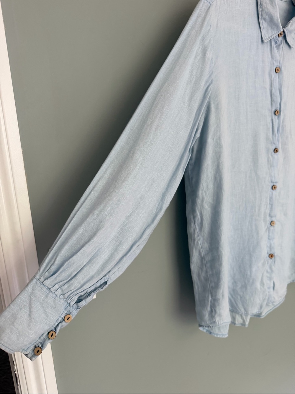 Raw + Flow Handmade 100% Linen Blue Balloon Sleeve Long Sleeve Button Down Shirt - Picture 4 of 15